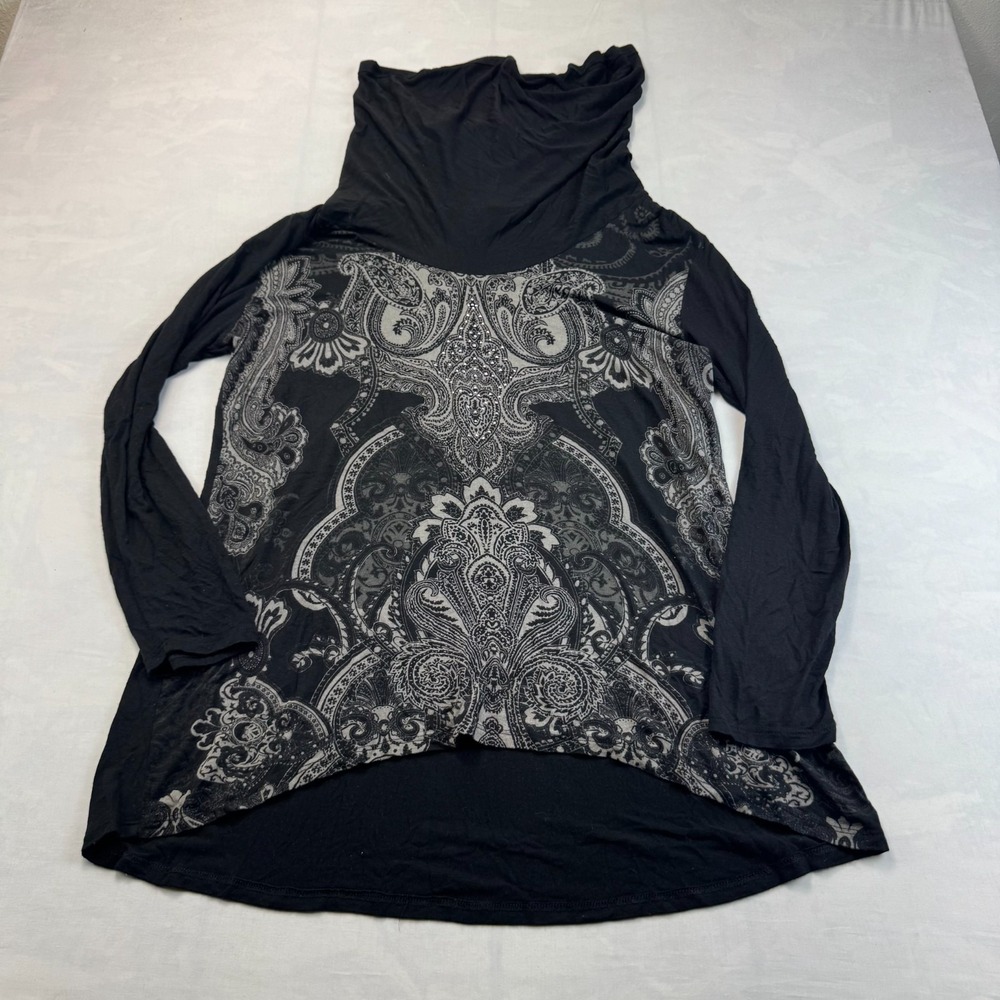 Skinny Minnie Tunic Top Womens 1X Black Paisley Rhinestone Long Sleeve Cowl Neck